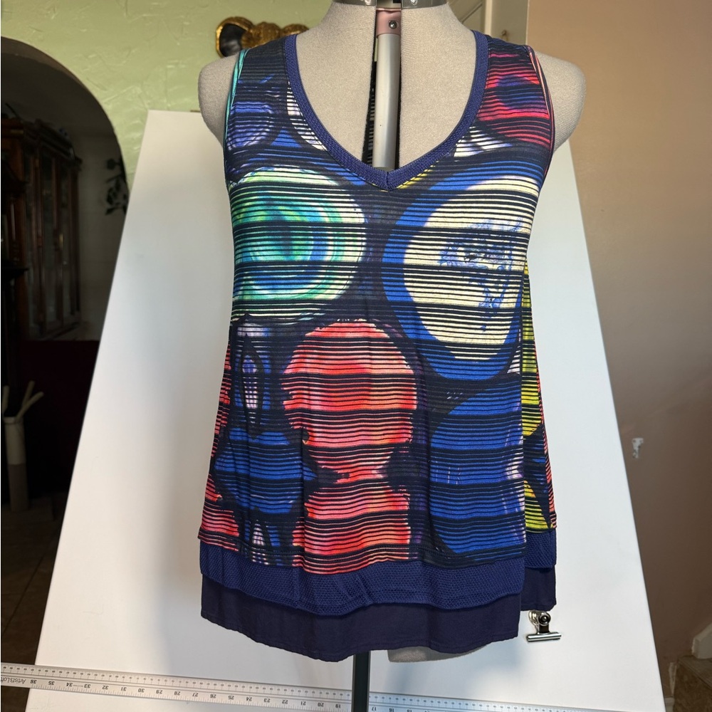 Desigual Navy Multicolor Striped Circle Sleeveless Top